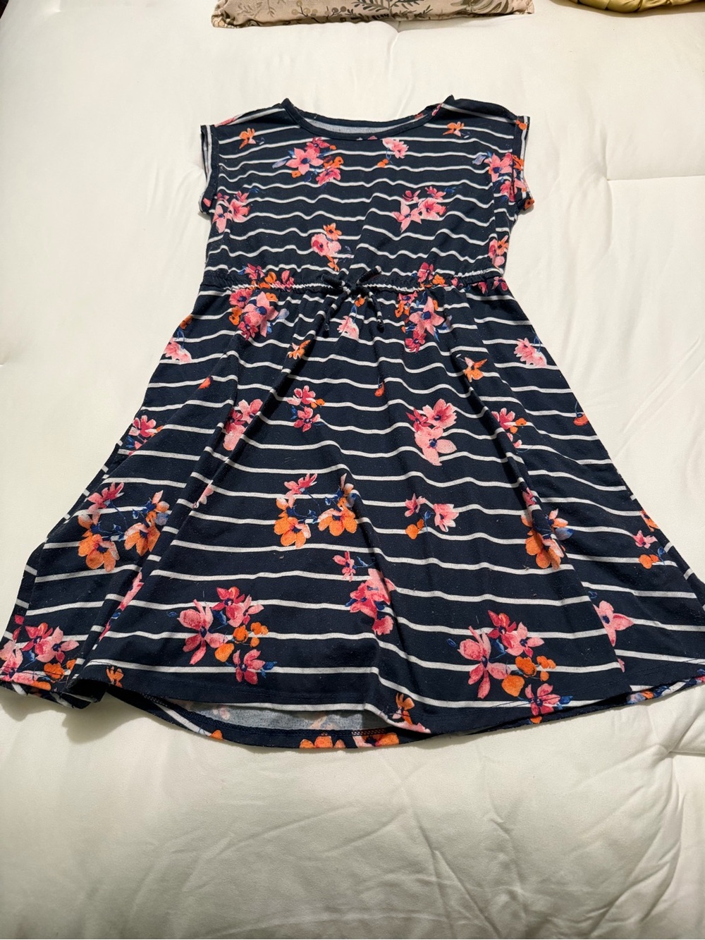SO Navy Striped Dress with Pink and Orange Floral Print